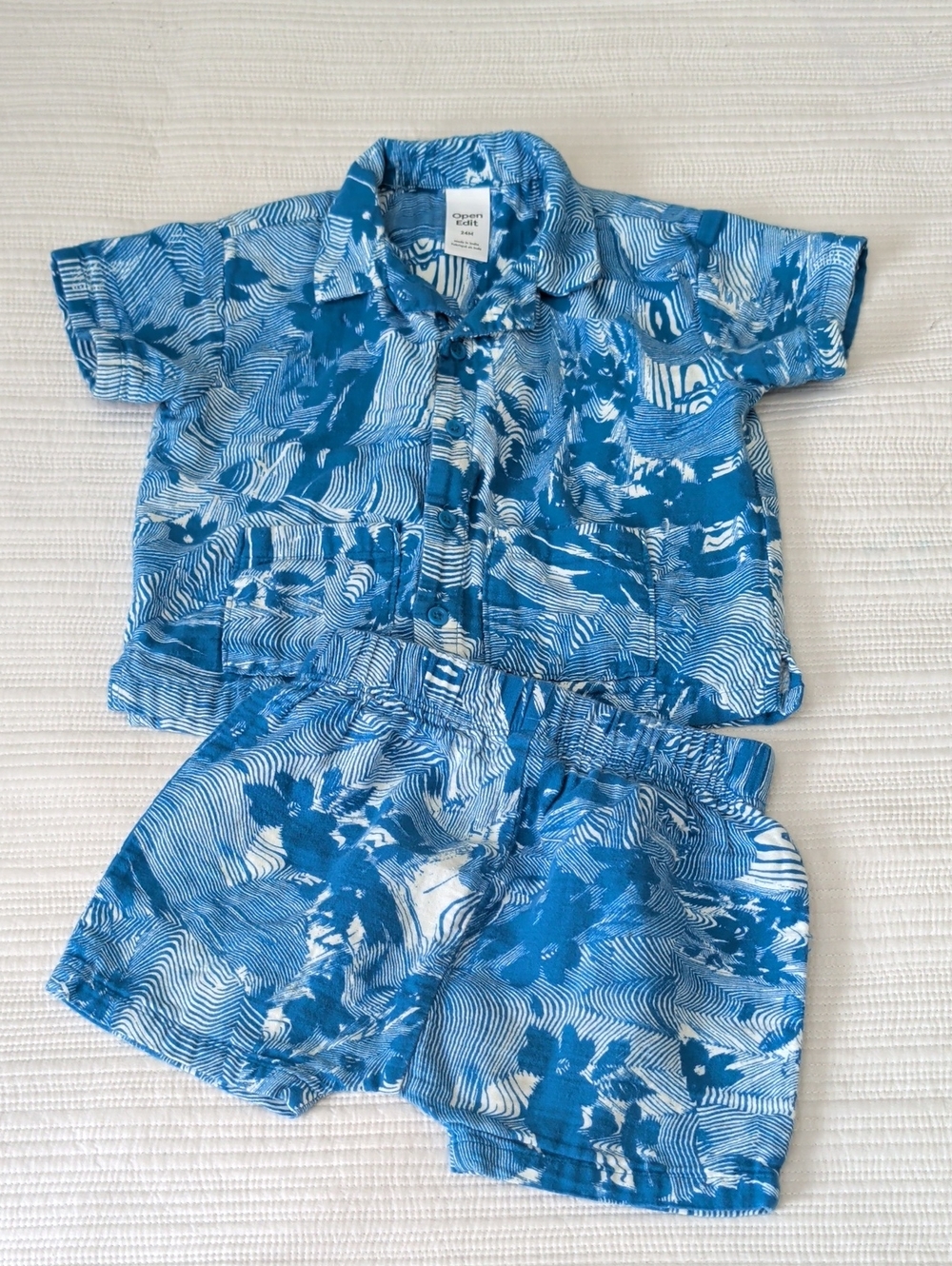 Boys Blue Floral-Patterned Short-Sleeve Shorts Set 24 Mo